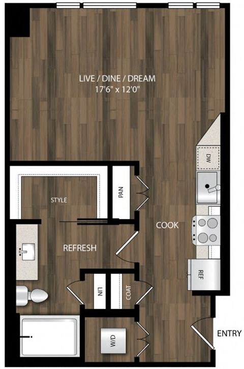 Floor plan for studio, 1 bath, 531 sqft